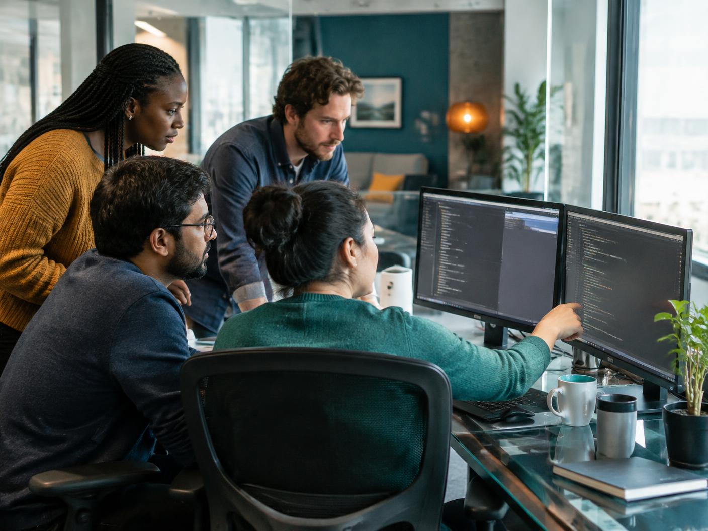 Software engineering team collaborating in a bright office