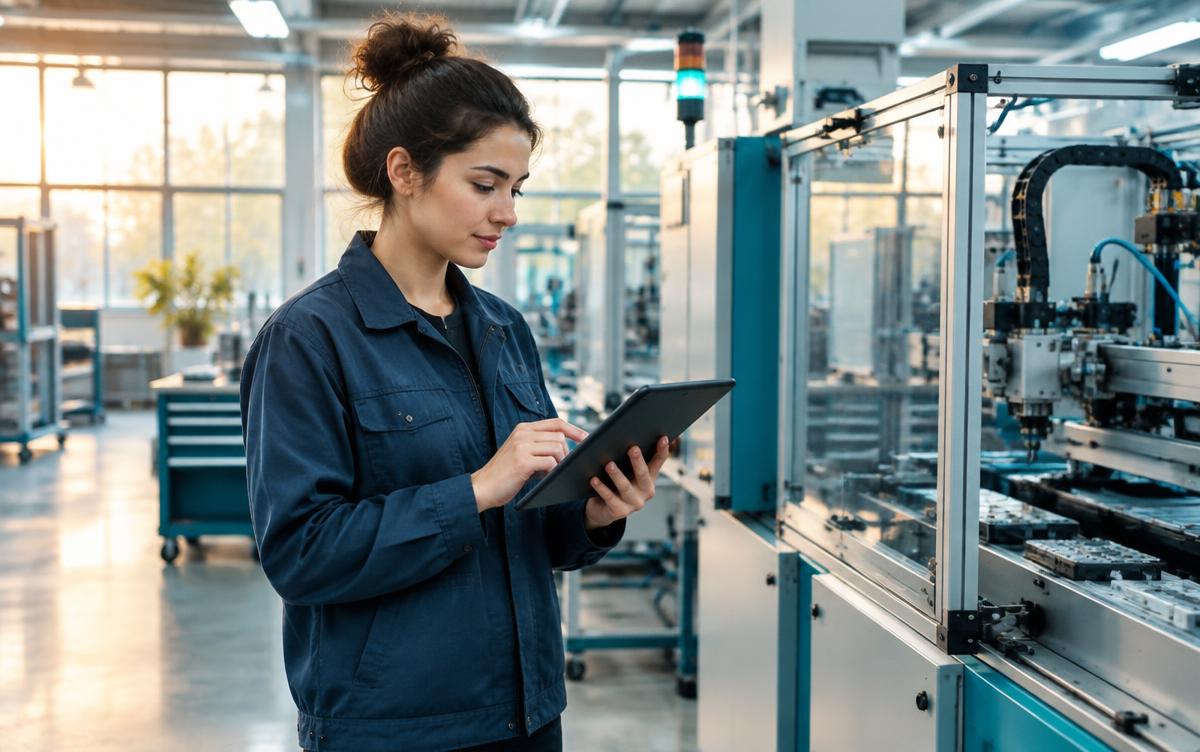 Technician using software beside manufacturing equipment