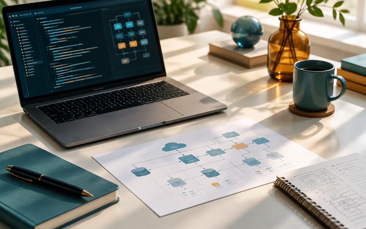 Software planning desk with architecture diagrams